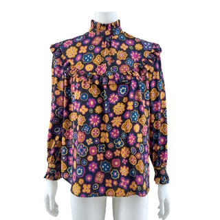 Silk Floral Print Ruffle Blouse