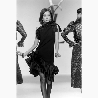 YSL Rive Gauche Black Ruffled One Shoulder Dress- Fall 1982