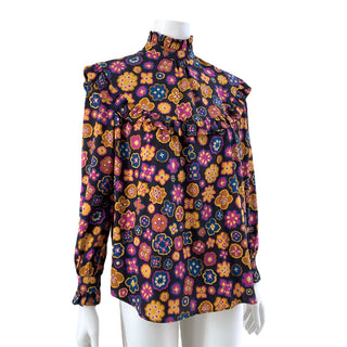 Silk Floral Print Ruffle Blouse