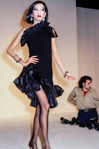 YSL Rive Gauche Black Ruffled One Shoulder Dress- Fall 1982