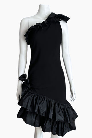 Yves Saint Laurent Rive Gauche Fall 1982 black one-shoulder cocktail dress, front view