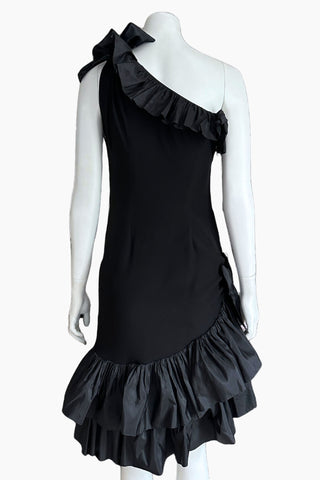 Back view of Yves Saint Laurent Rive Gauche Fall 1982 black one-shoulder cocktail dress