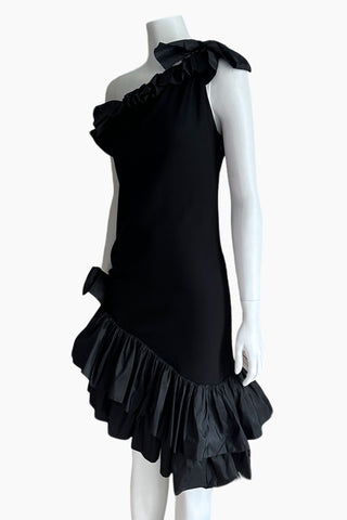 Angled front view of Yves Saint Laurent Rive Gauche Fall 1982 black one-shoulder cocktail dress